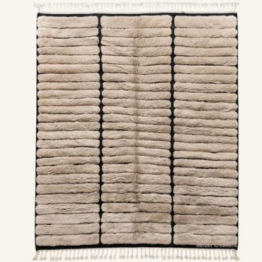 The “Taupe Terraces” Authentic Moroccan Rug – 3D Ribbed Handwoven Taupe & Black Beni Ourain Wool Carpet