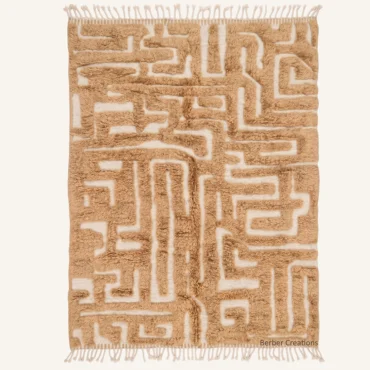 The “Taza” Authentic Moroccan Rug – 3D High-Low Pile Abstract Geometric Amber & Cream Wool Carpet