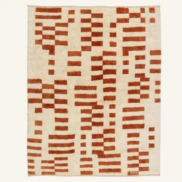 The “Terracotta Pixels” Authentic Moroccan Rug – Abstract Block Geometric Handwoven Cream & Terracotta Beni Ourain Wool Carpet
