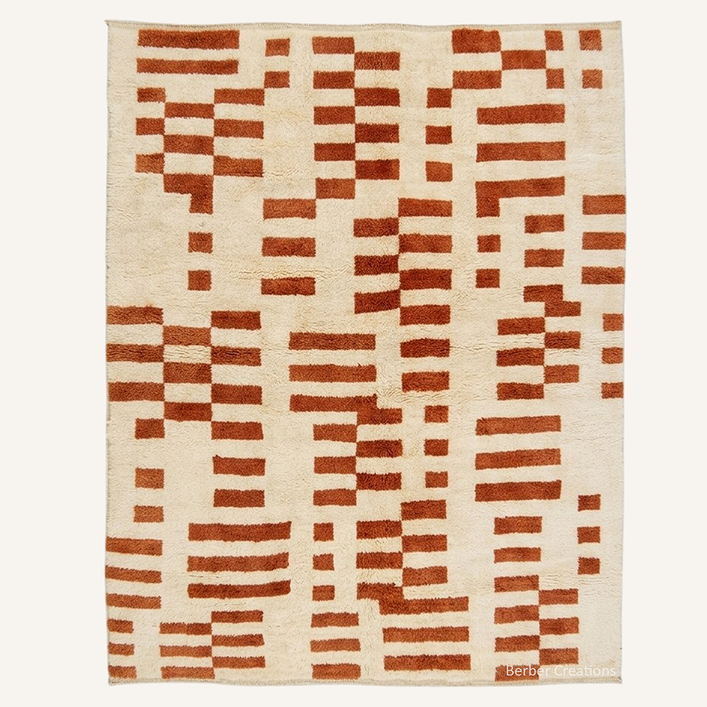 Abstract "Terracotta Pixels" Moroccan wool rug with plush pile, featuring shifting terracotta blocks and horizontal bars on a soft cream background, hand-knotted by Berber Creations.