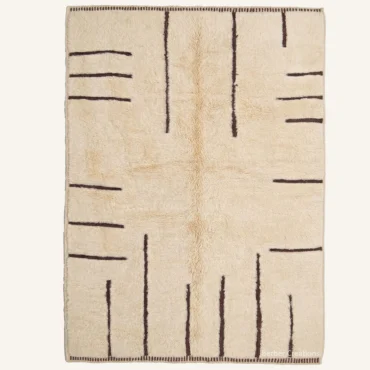 The “Umber Lines” Authentic Moroccan Rug – Abstract Minimalist Handwoven Cream & Dark Brown Beni Ourain Wool Carpet