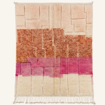 The “Ourika” Authentic Moroccan Rug – 3D High-Low Pile Abstract Geometric Color-Block Cream, Taupe & Terracotta Wool Carpet