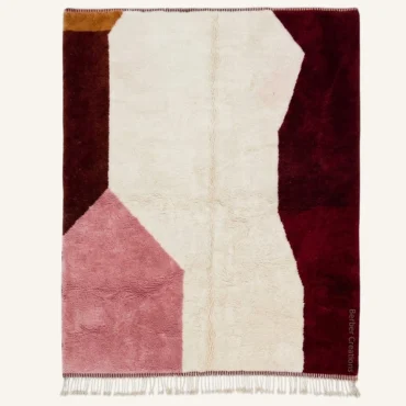 Zaina Abstract Color-Block Hand-Knotted Burgundy, Soft Blush, and Amber Beni Mrirt Wool Rug
