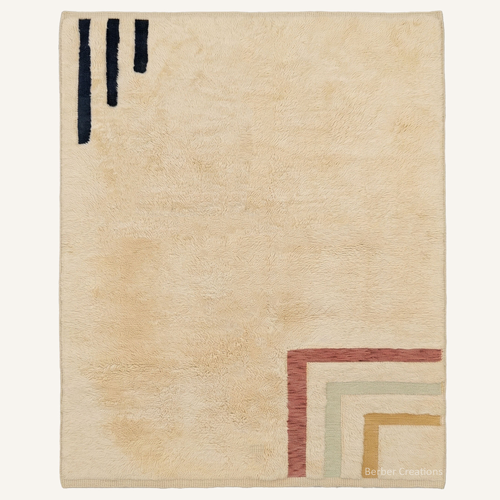 Minimalist abstract "Zenith Corner" Moroccan wool rug with cream pile, featuring black vertical lines and burgundy and amber corner borders, hand-knotted by Berber Creations.