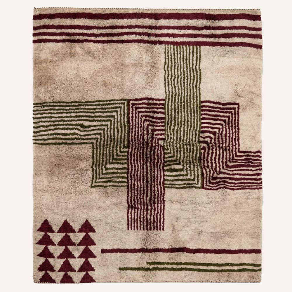 Asklu handmade Moroccan Berber wool rug featuring a warm neutral beige background detailed with intersecting olive green and deep burgundy line clusters, horizontal stripes, and a burgundy triangle matrix in the corner.