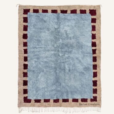 The Amddaw Rug – Handmade Dusty Blue, Oatmeal & Burgundy Checkered Border Moroccan Rug